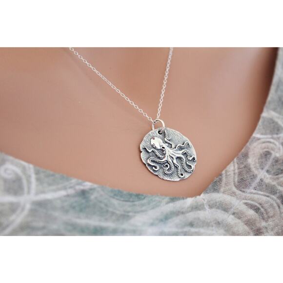 Sterling Silver Octopus Coin Charm Necklace, Octopus Ancient Coin Charm Necklace - Picture 4 of 6